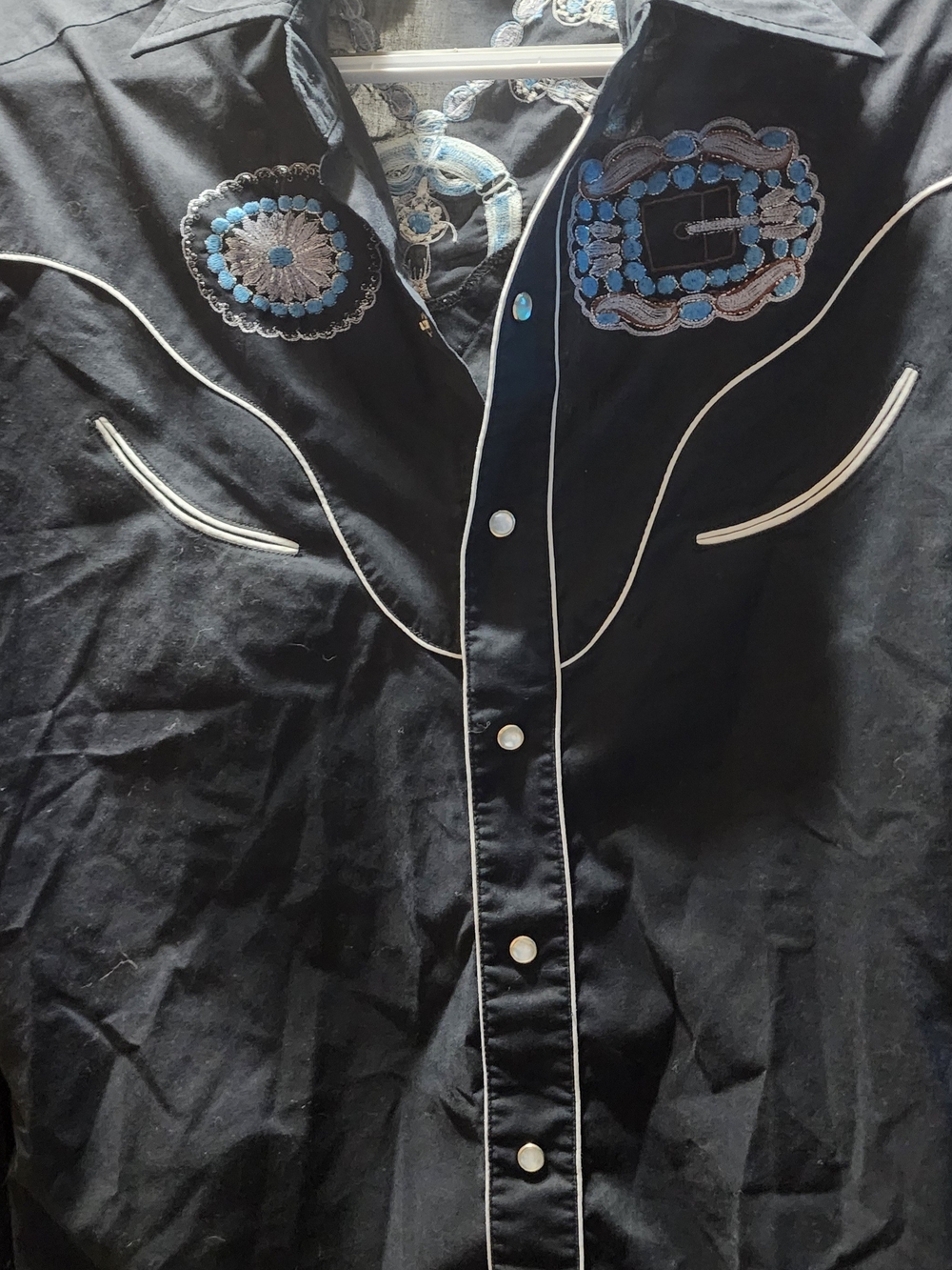 Black Western-Style Embroidered Snap-Front Blouse Sz Lrg